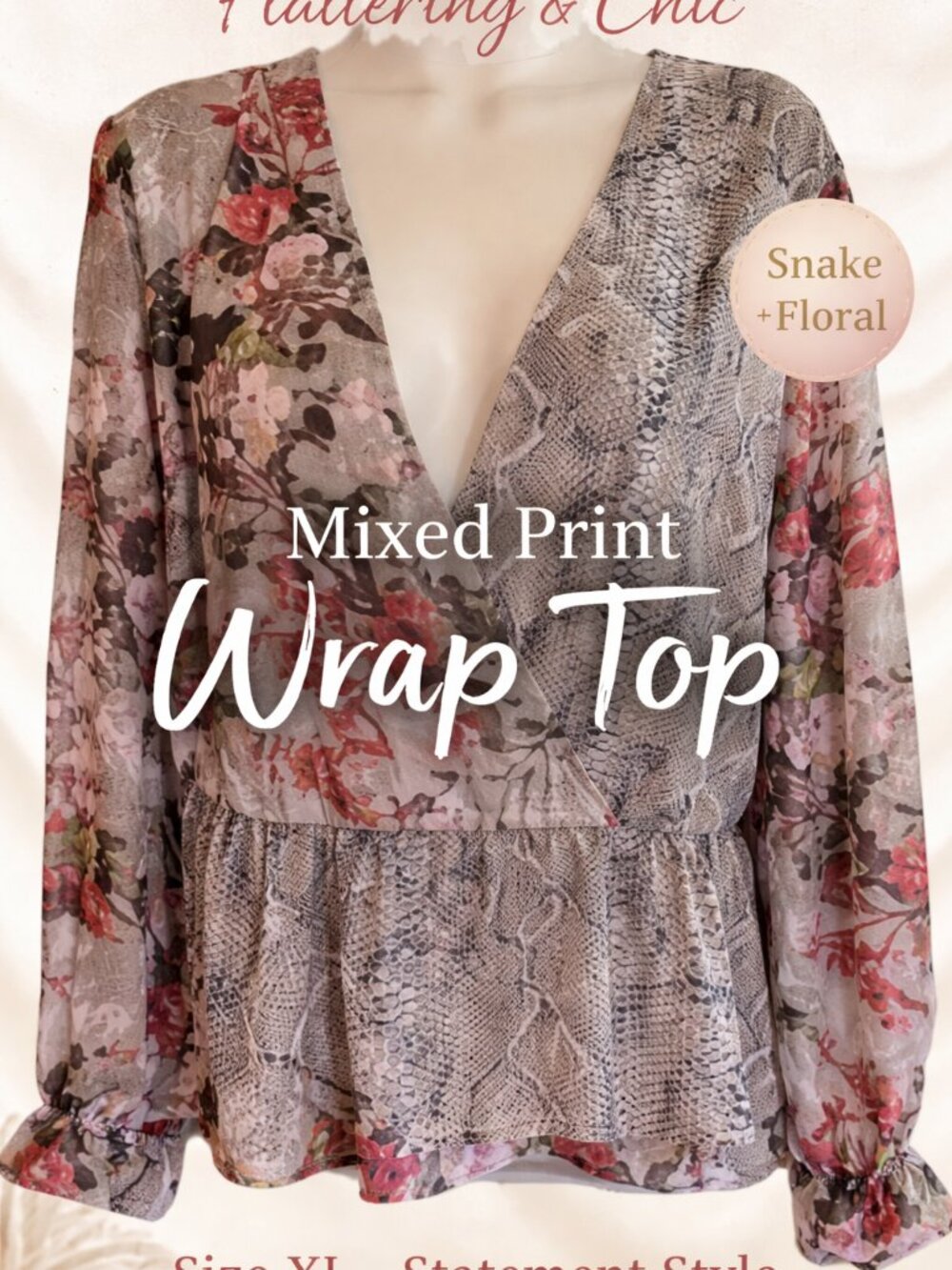 INC International Concepts Mixed Print Wrap Top XL Snake Floral Surplice Blouse